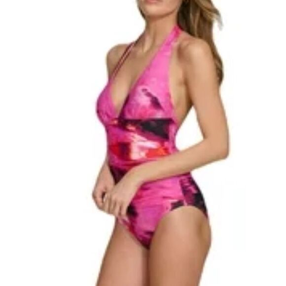 NWT DKNY pink abstract “mirage” tie back swimsuit  Size S - Picture 2 of 8